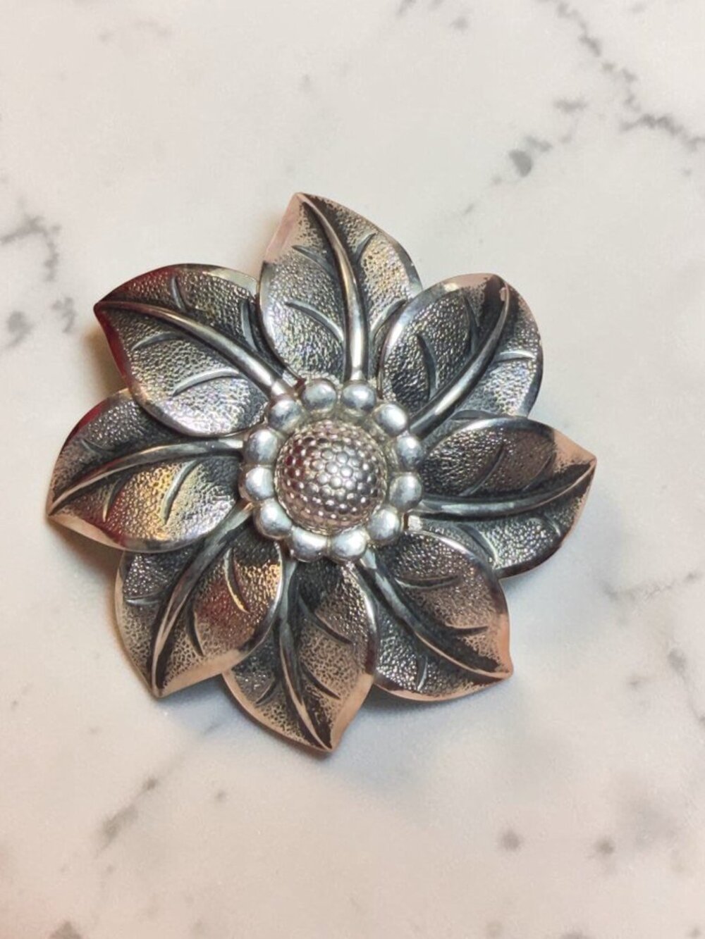Marvella Vintage Flower Brooch Silver Tone Textured Floral Pin